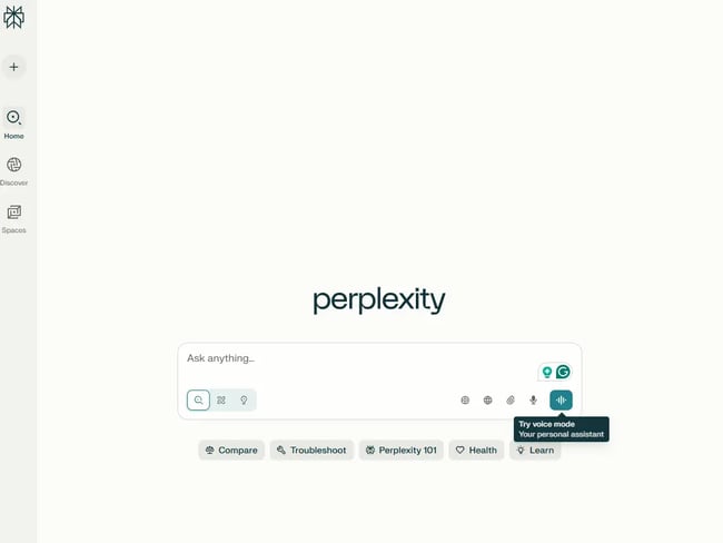 screenshot of the perplexity homepage, an ai search engine